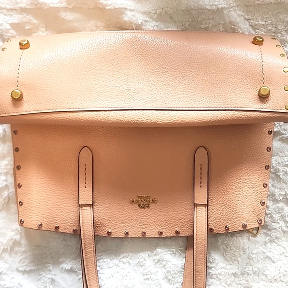 Coach Charlie Crystal Rivets Border Pale Pink Leather Carryall Tote Bag - Picture 3 of 14